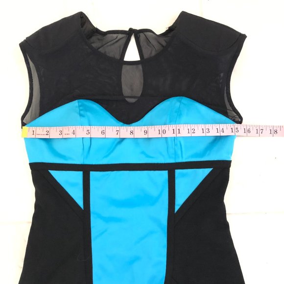 NEW BEBE Classic Black & Turquoise Blue Color block Silky Satin Stylish DRESS S - Picture 7 of 13